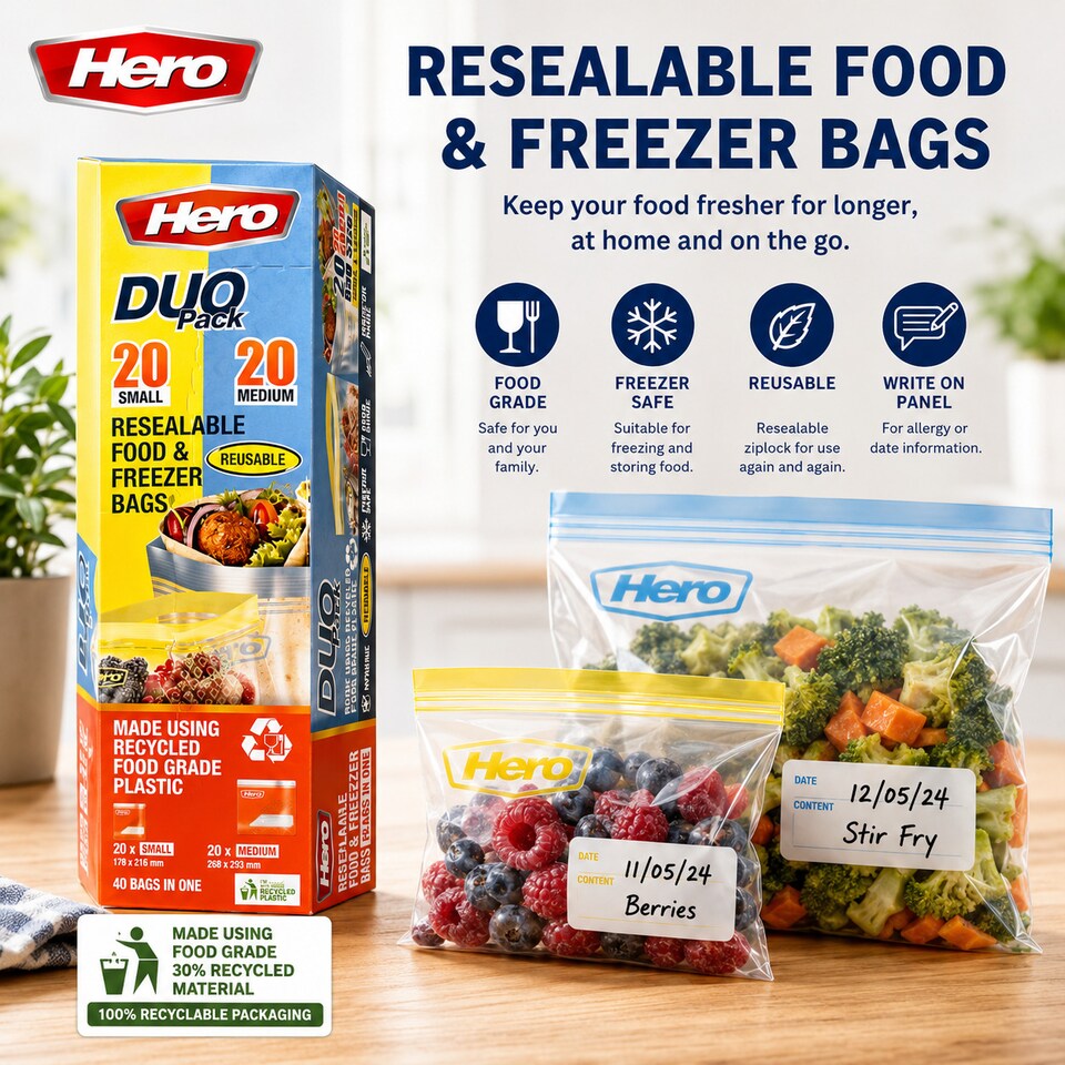 image 1 of Hero Resealable Food & Freezer Bags Duo Pack 40 Pack – 20 Small & 20 Medium Reusable Ziplock Food Storage Bags