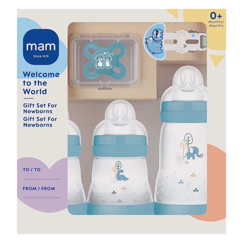 image 1 of MAM Welcome To The World Newborn Bottle Set With Baby Soother And Clip Boy Blue