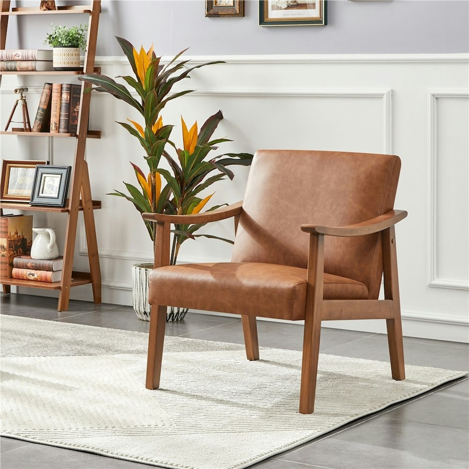 image 1 of Yaheetech Faux Leather Upholstered Armchair with Wood Legs | Brown | Light Brown