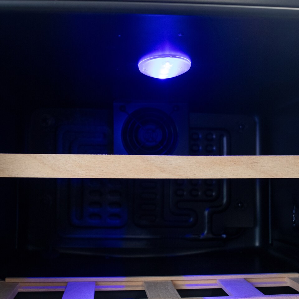 image 1 of HYE 46L Wine Cooler 15 Bottles, 43cm, Touch Controls, LED Lights, Black, Wooden Shelves - RF01WC15B31