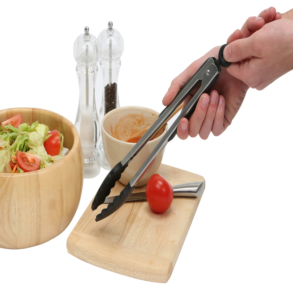 image 1 of Interiors by Premier Black Silicone and Stainless Steel Tongs, Heat-Resistant Grip for Safe Cooking, Non-Stick Friendly Design