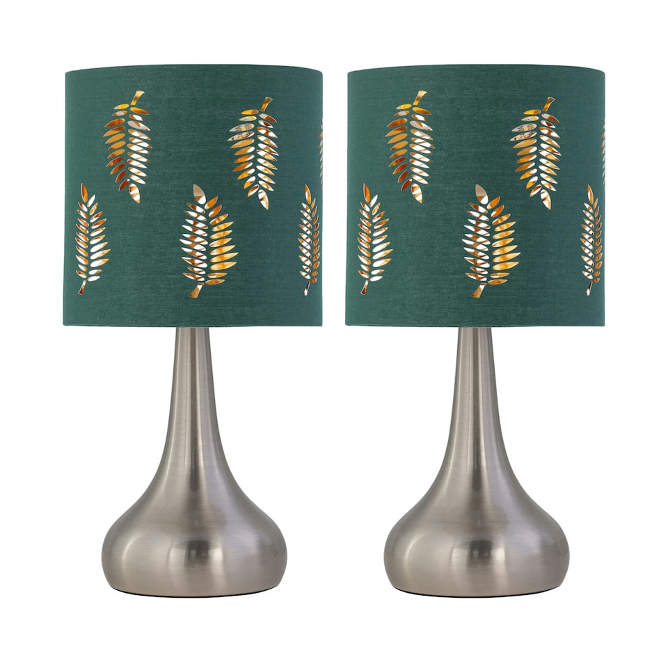 image 1 of Set of 2 Romana - Brushed Chrome Touch Operated Table Lamps Bedside Lights Dark Green Fern Shade Silver | Green