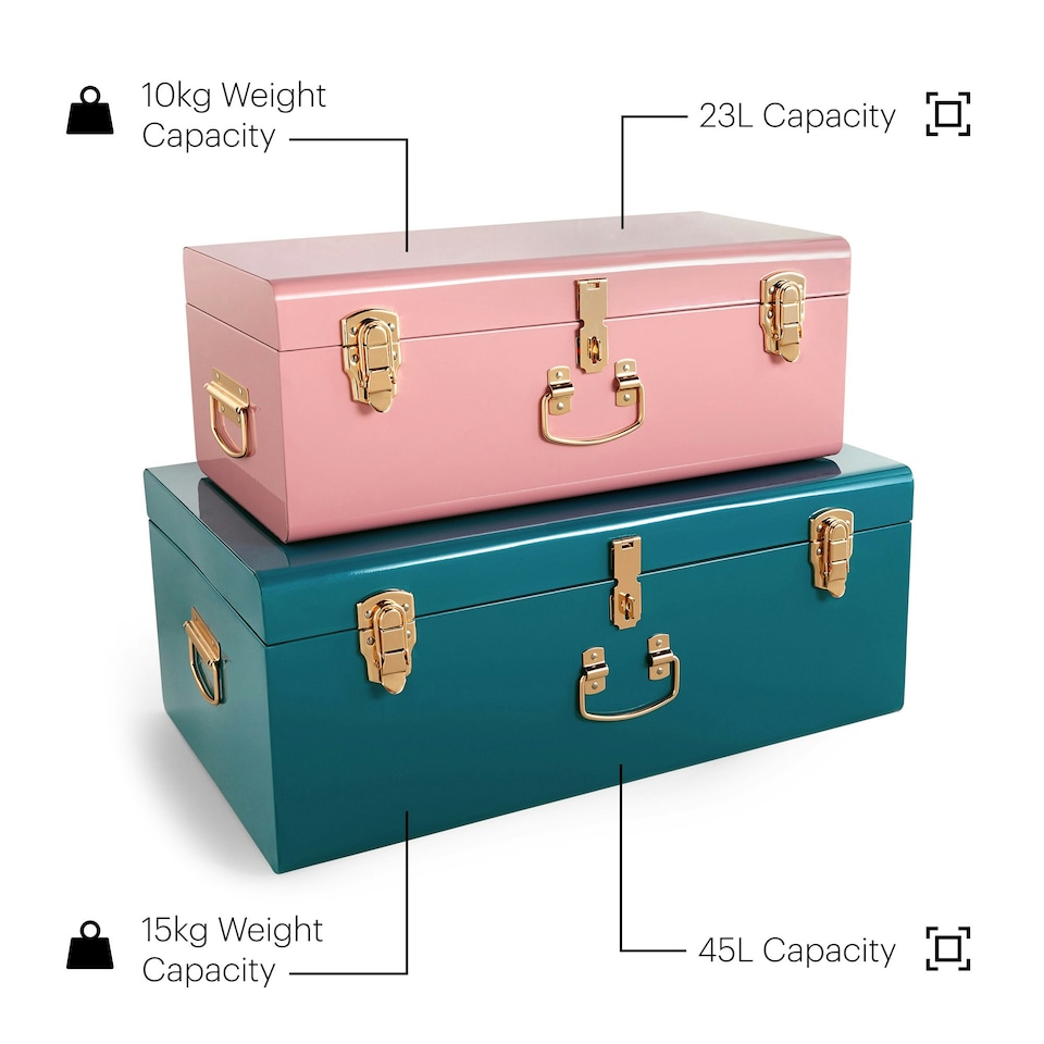 image 1 of BTFY Set of 2 Pink & Teal Stainless Steel Storage Trunks