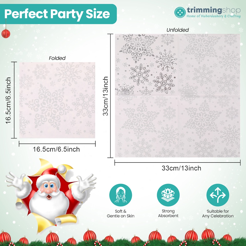 image 1 of 33 x 33cm White Christmas Party Disposable Paper Napkins 2 Ply - 20pcs