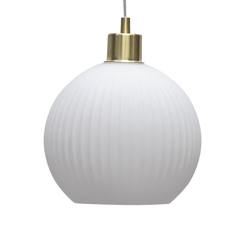 image 1 of Set of 2 Betchley - White Ribbed Glass Globe with Satin Brass Pendants | White | White glass with satin brass plate detail | Small | 2