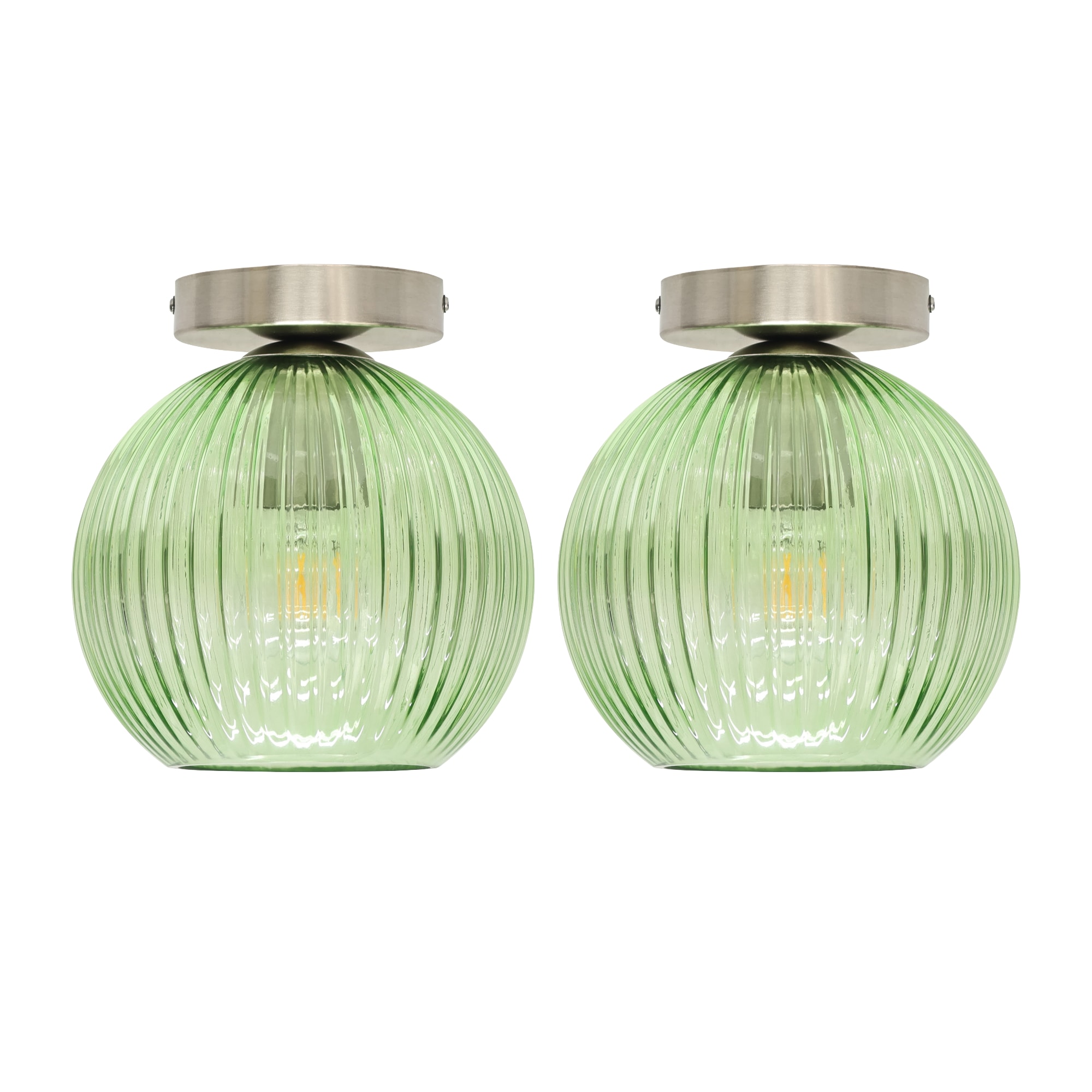 First Choice Lighting Set of 2 Betchley - Green Glass Globe Satin Nickel Ceiling Lights
