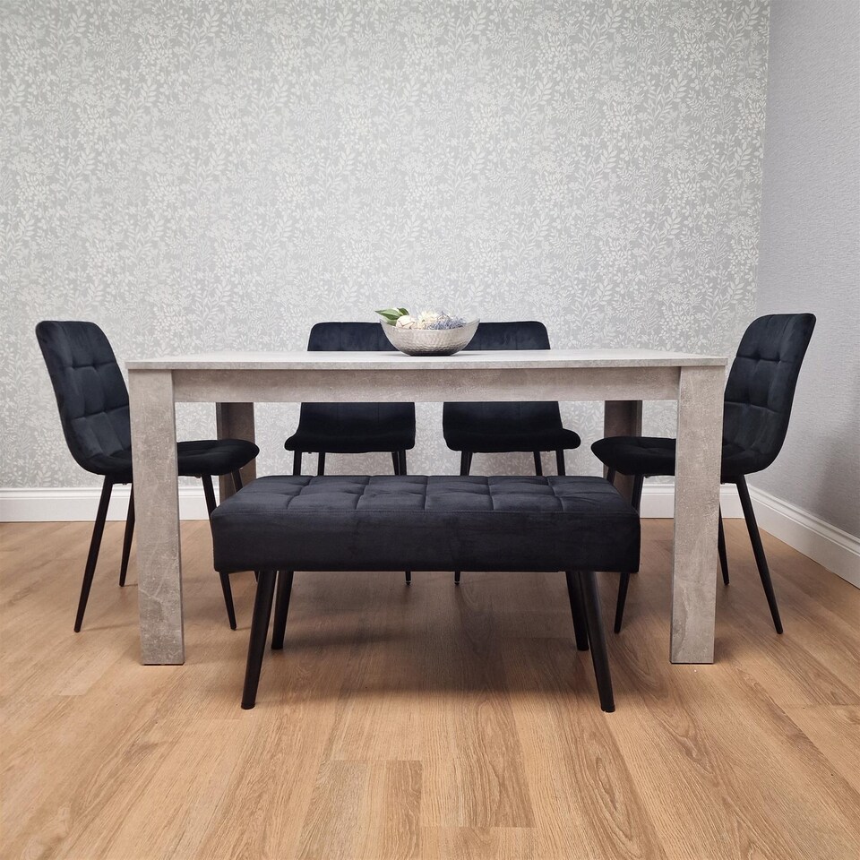Modern Grey Dining Table with 4 Black Velvet Chairs And Black Bench ...
