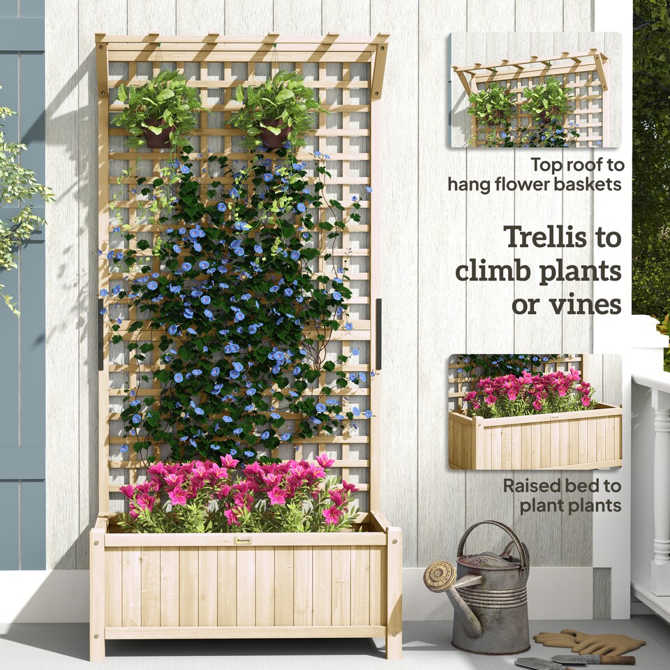 image 1 of Outsunny Wood Planter with Trellis for Climbing Plants Vines Planter Box Natural | Brown | Natural wood finish