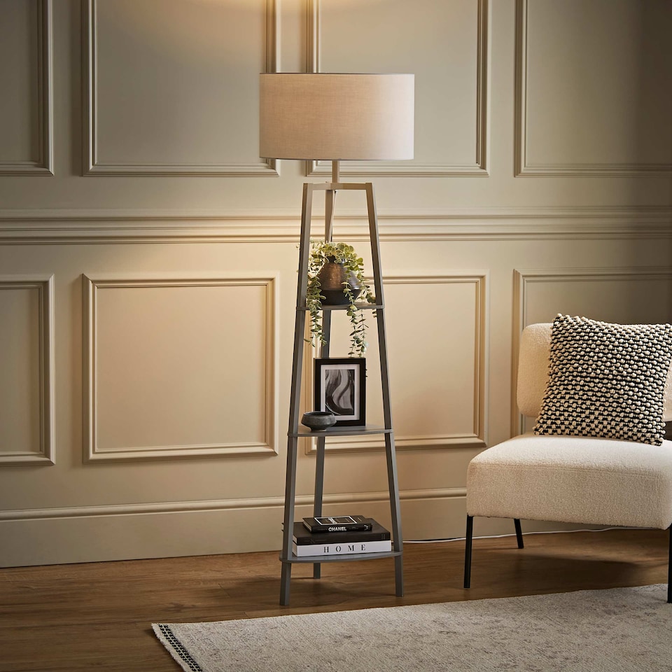 image 1 of ValueLights Hiru Grey 3 Tier Shelf Floor Lamp Grey Shade | Grey