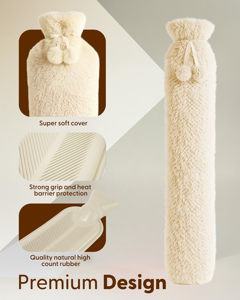 image 1 of Keplin Extra Long Hot Water Bottle 2 Litre Natural Rubber with Fleece Cover