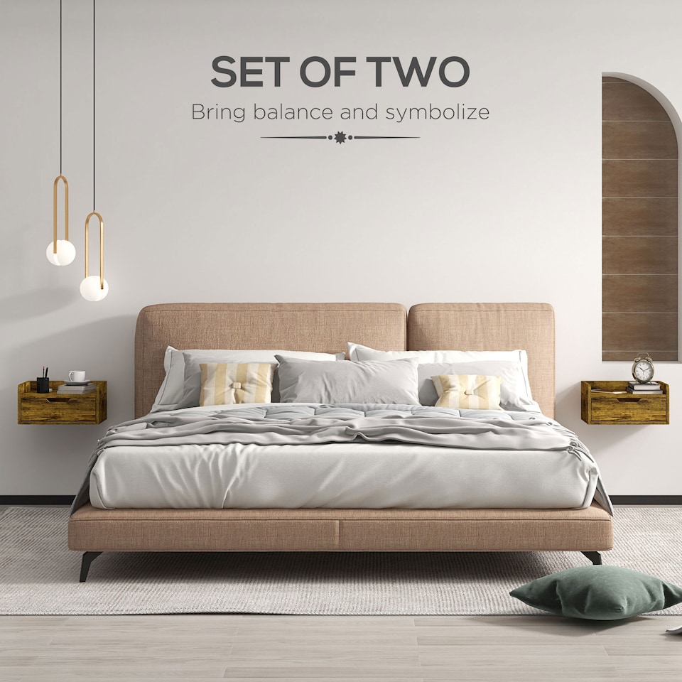 image 1 of HOMCOM Floating Nightstands Set of 2, Wall Mounted Bedside Table with Storage Drawer for Bedroom, Rustic Brown