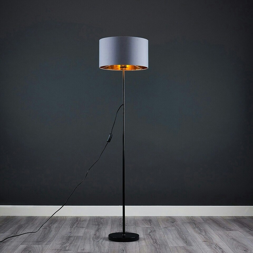 image 1 of ValueLights Standard Floor Lamp In Black Metal Finish With Warm Grey/Gold Drum Shade - Includes 6w LED Bulb 3000K Warm White
