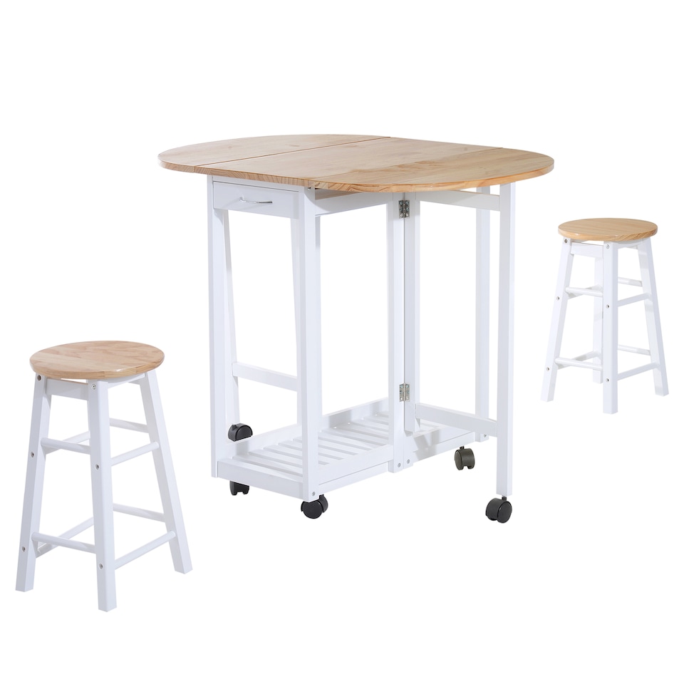 image 1 of HOMCOM 3 Pieces Dining Room Set, Mobile Foldable Dining Table and 2 Stools with Storage Shelf, 2 Drawers and 6 Wheels, Drop Leaf Bar Table and Stools for Home Kitchen Pub, White