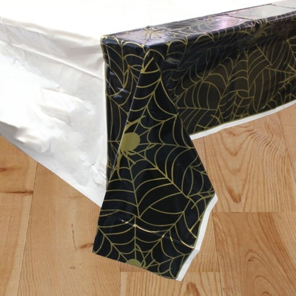 Gold Spider Web Halloween Plastic Tablecover 213cm x 137cm
