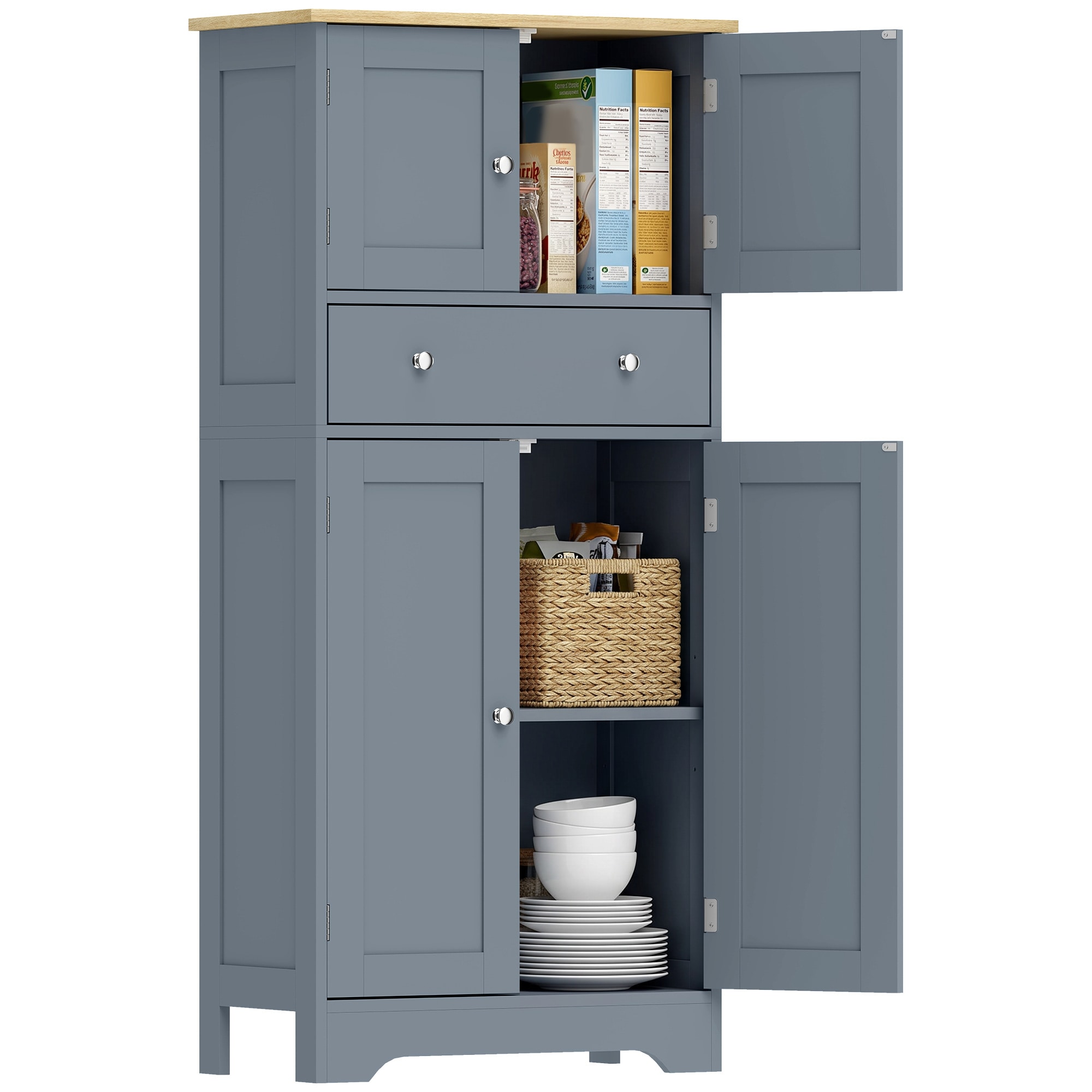 HOMCOM Modern Kitchen Cupboard with 4 Doors and Adjustable Shelf, Grey Blue, Blue