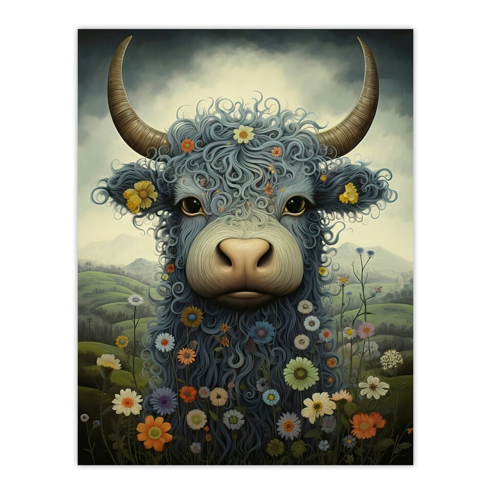 image 1 of Blue Highland Cow Wildflower Meadow Fun Girls Bedroom Black Framed Wall Art Print A4