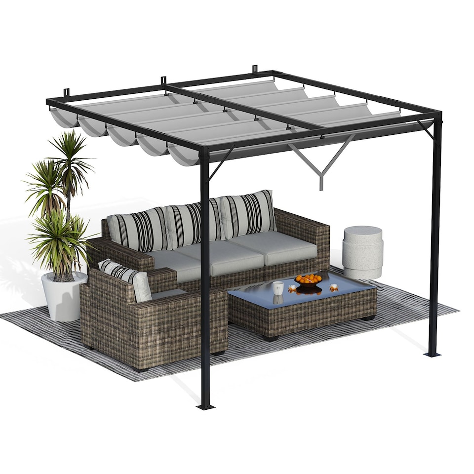 image 1 of Rattantree Lean To Wall Metal Pergola Gazebo With Retractable Canopy 8ft x 8ft