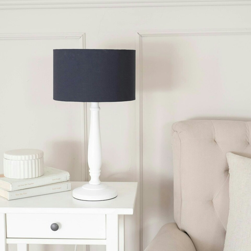 image 1 of ValueLights Victoria White Wood Traditional Stem Table Lamp with Navy Blue Fabric Drum Shade
