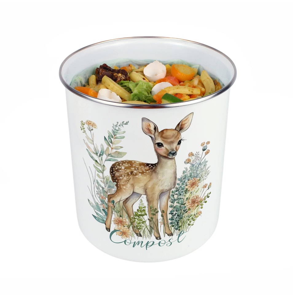 image 1 of Floral Deer Compost Caddy - Metal 2L Decorative Kitchen Food Waste Bin