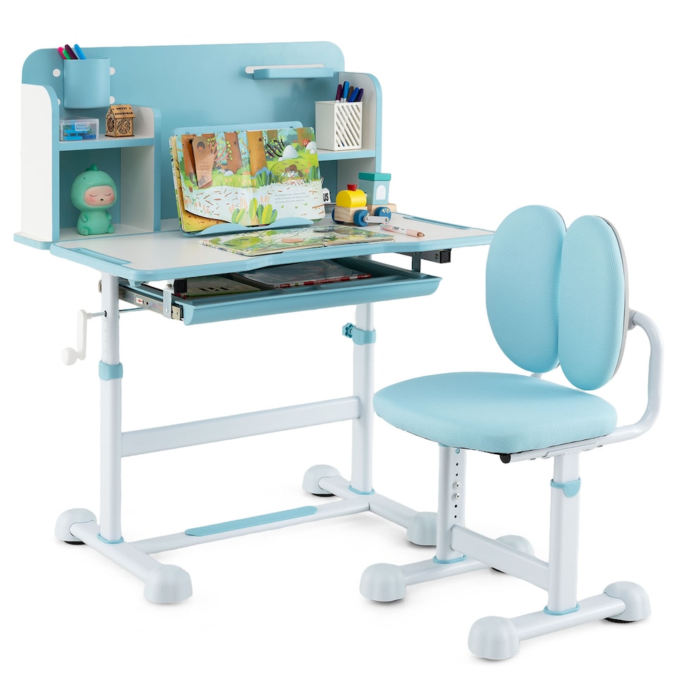 COSTWAY Kids Study Desk & Chair Set Height-Adjustable Children Study Desk-Blue