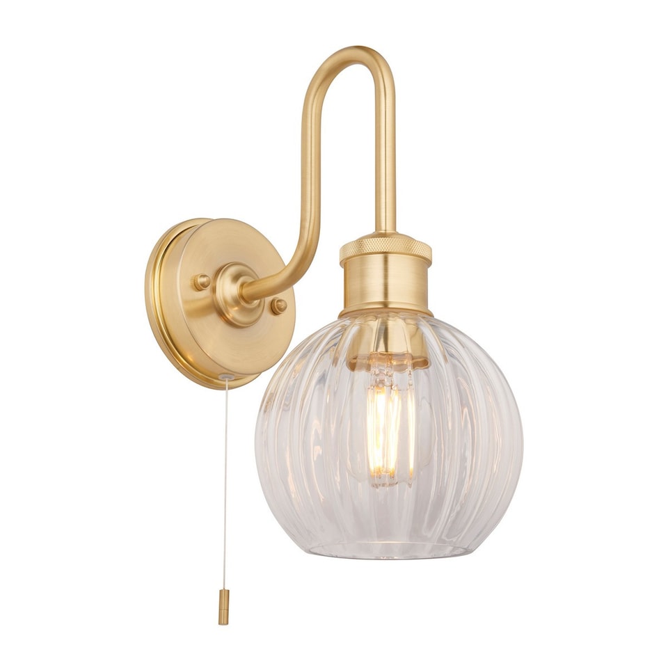 image 1 of Marsala Bathroom Glass Wall Lamp, Satin Brass Plate, Ribbed Glass, IP44