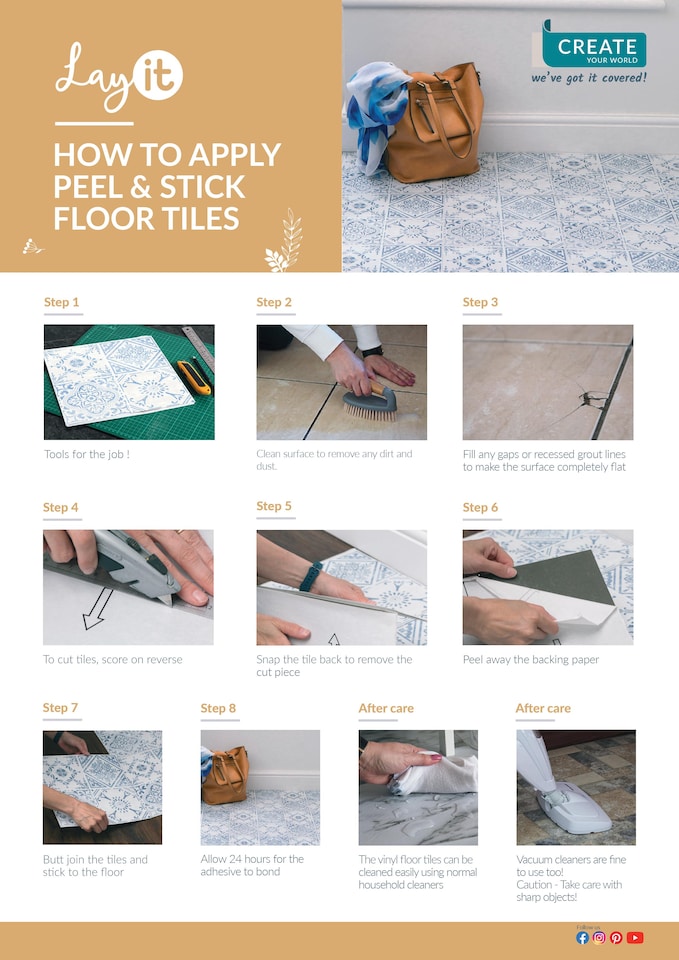 image 1 of Floor Pops Lawrence Classic 30.48 x 30.48cm Self-adhesive Vinyl Floor Tiles Pack 10 | 0.93sqm