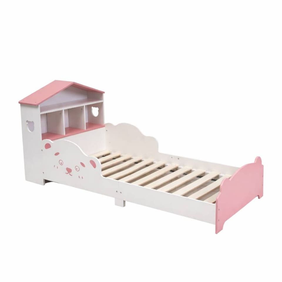 image 1 of TOTO Wooden Toddler Bed w/ Integrated Bookshelf Storage Junior Kids Frame - Pink