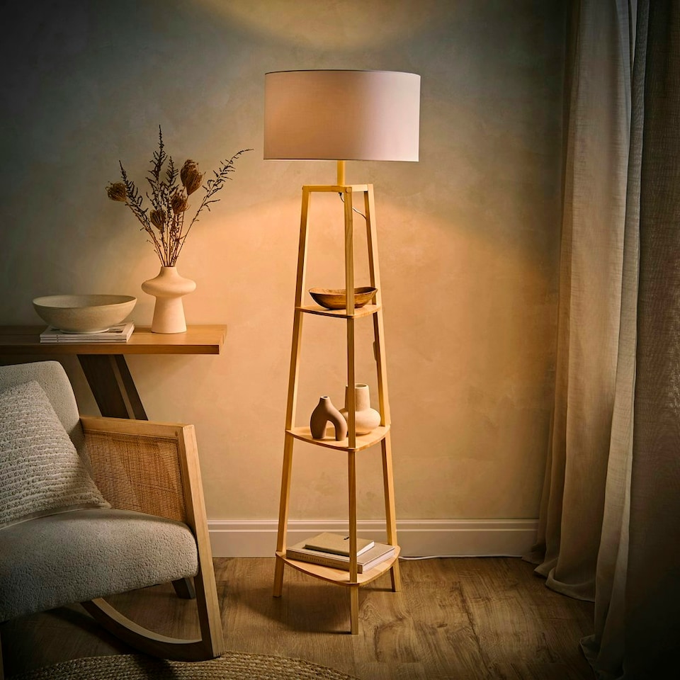 image 1 of ValueLights Hiru Wooden 3 Tier Shelf Floor Lamp with White Drum Shade | White