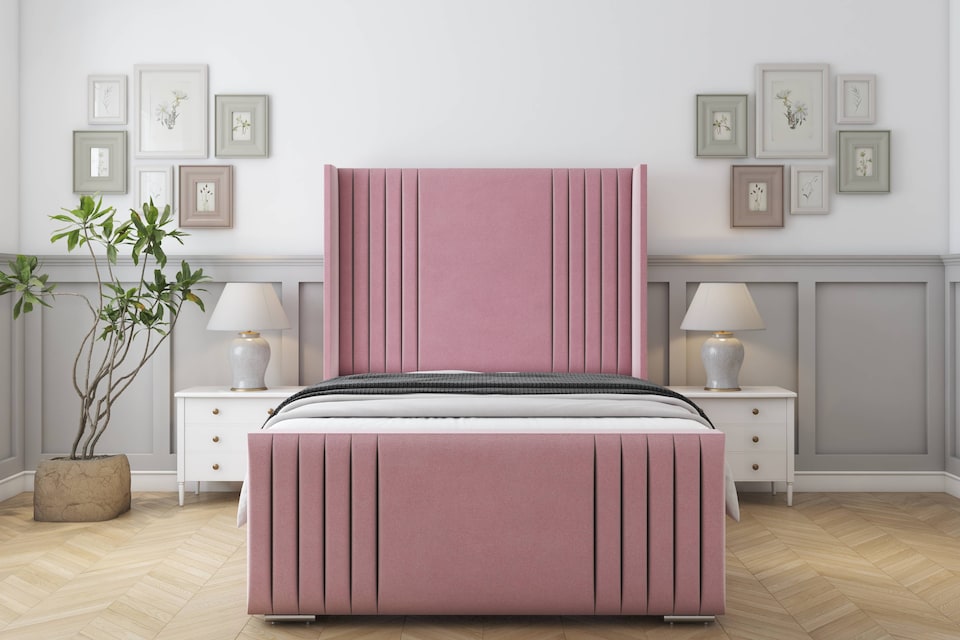 image 1 of Sloomy Camden Pink Plush Bed Frame With Mattress With 50"  Upholstered Wingback Headboard 5' King