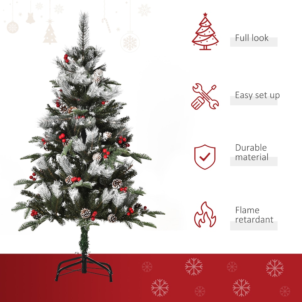 image 1 of HOMCOM 4FT Artificial Snow Dipped Christmas Tree mas Pencil Tree Holiday Home Party Decoration with Foldable Feet Red Berries White Pinecones, Green