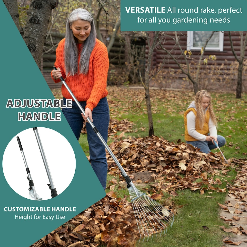 image 1 of 5-in-1 Garden Rake Set Adjustable Handle with 2 Large leaves Grabber Leaf Rake