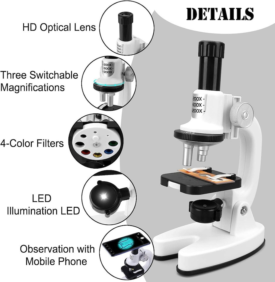 image 1 of Kids Microscope Kit - Portable Science Set with LED Light, Smartphone Holder & 15 Accessories Educational STEM Toy
