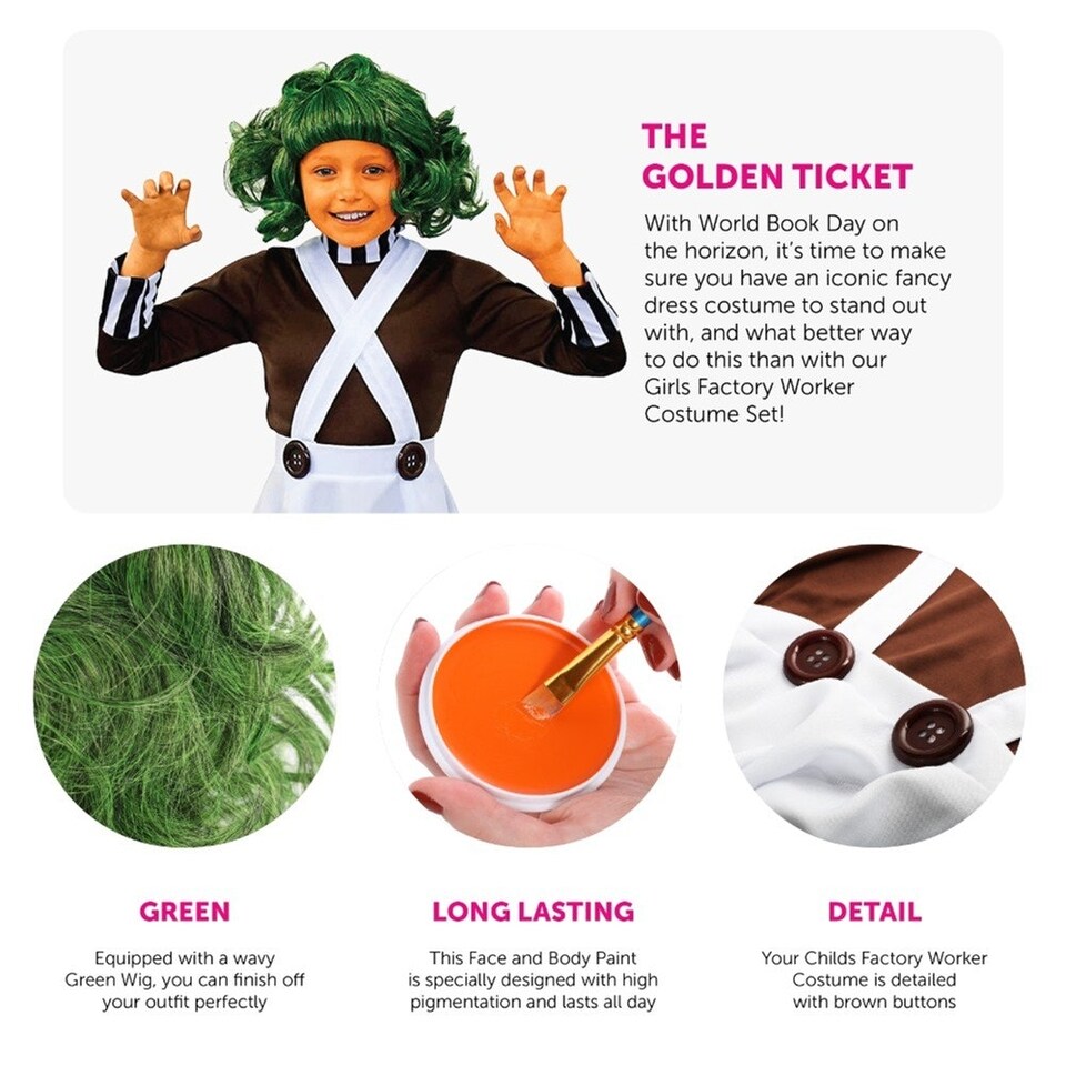 image 1 of Chocolate Factory Worker Costume - Wig, Face Paint & Gloves Brown | S