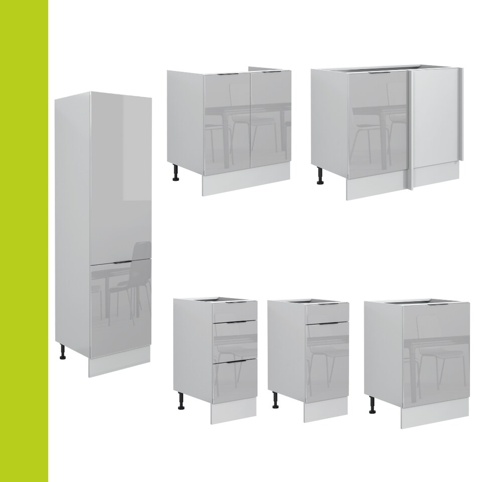 image 1 of Star Kitchen Corner Cabinet 11 Unit Set Base Wall Larder Oven Grey Gloss 600mm