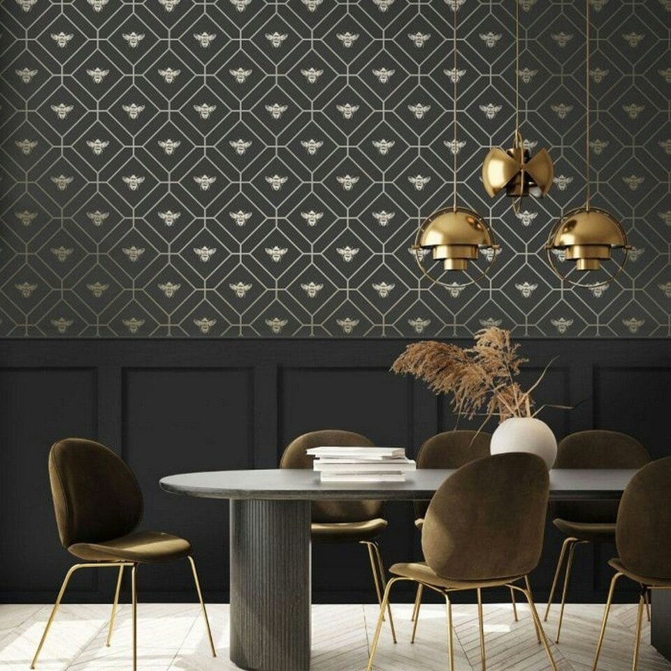 image 1 of Holden Décor Bee Wallpaper - Charcoal - One Size | Black