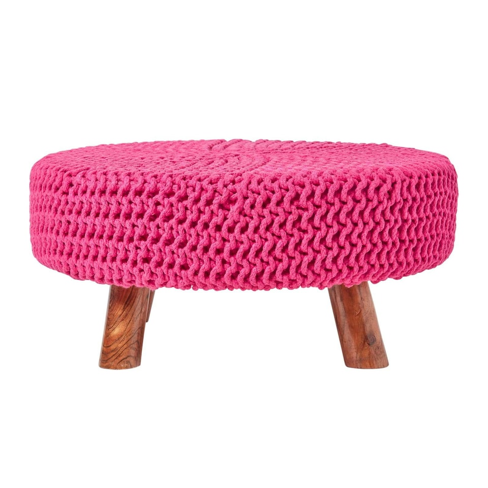 image 1 of Homescapes Hot Pink Large Round Cotton Knitted Footstool on Legs