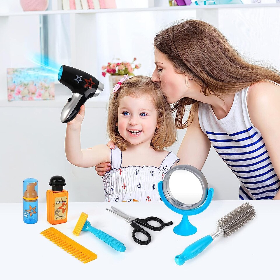 image 1 of Stylist Hairdresser Barber Salon Role Play Set with Working Hairdryer & Accessories for Kids