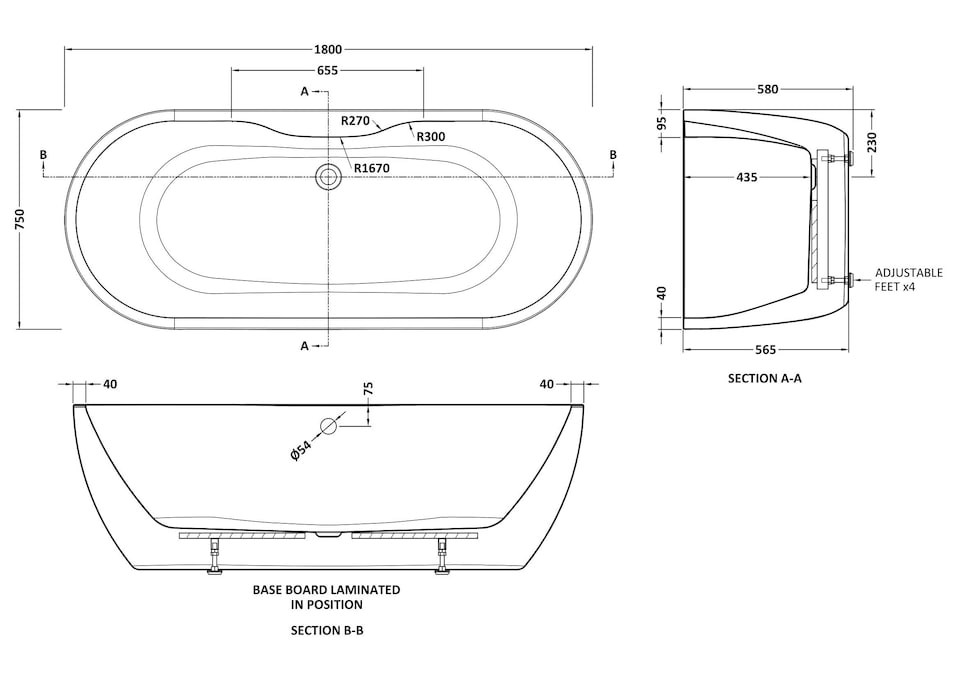 image 1 of Balterley Freestanding Boat Bath: Double-Ended Acrylic Bath with Elegant Curved Design
