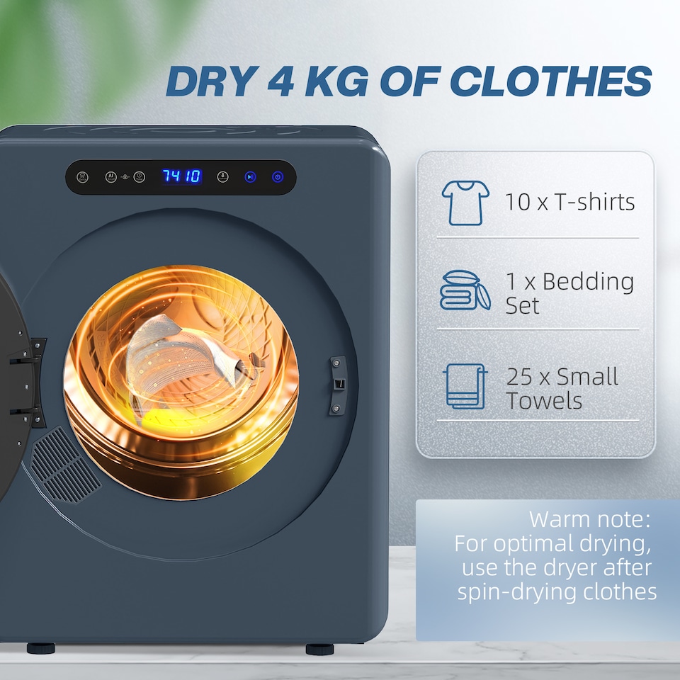 image 1 of HOMCOM 5 kg Portable Vented Tumble Dryer Machine with Timer, Blue