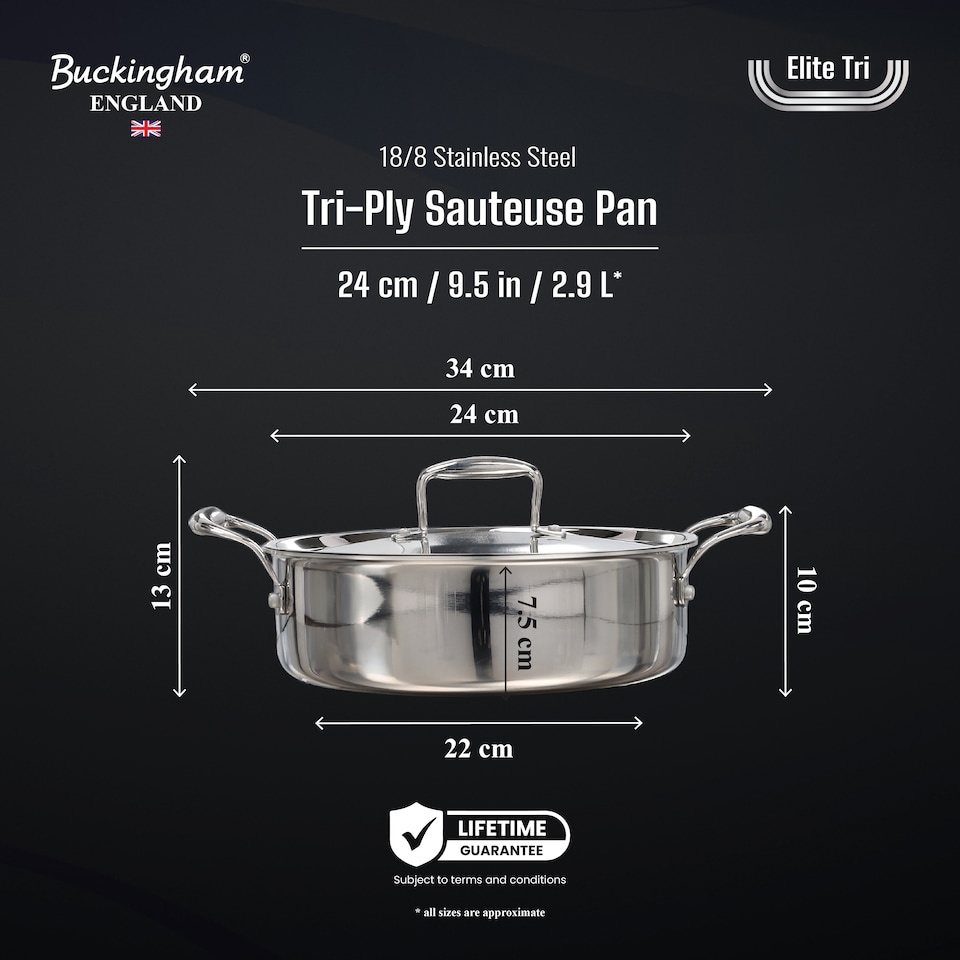 image 1 of Buckingham Elite Tri 18/8 Stainless Steel Sauteuse pan 24 cm / 9.5 in / 2.9 Litre.