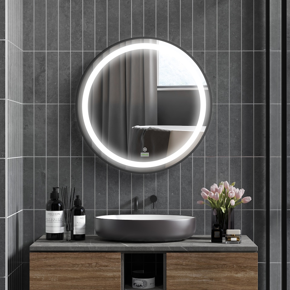 image 1 of kleankin Round LED Bathroom Mirror, Dimmable Lighted Wall-Mounted Mirror with 3 Temperature Colours, Memory Function, Hardwired, Black