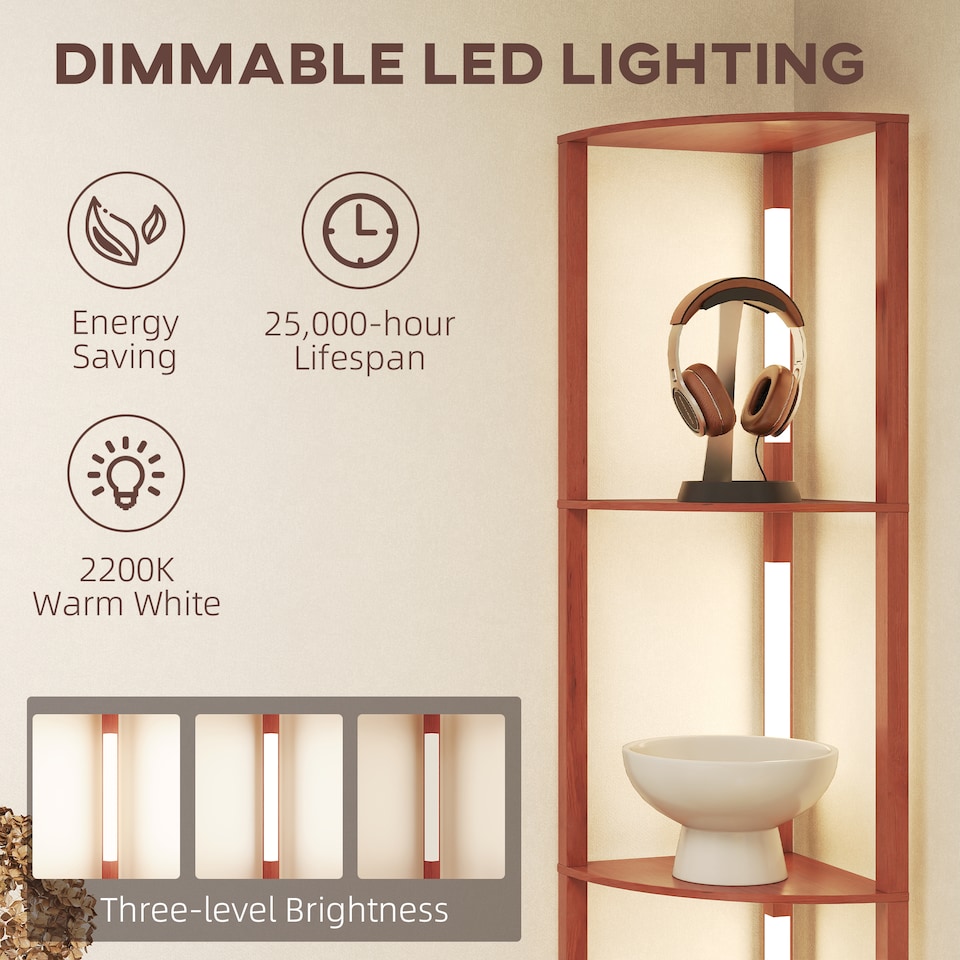 image 1 of HOMCOM LED Floor Lamp with Shelves, 5-Tier Dimmable Standing Lamp with Adjustable Brightness and Foot Switch, Modern Corner Display Shelf Unit for Living Room Bedroom Office, Brown | Brown