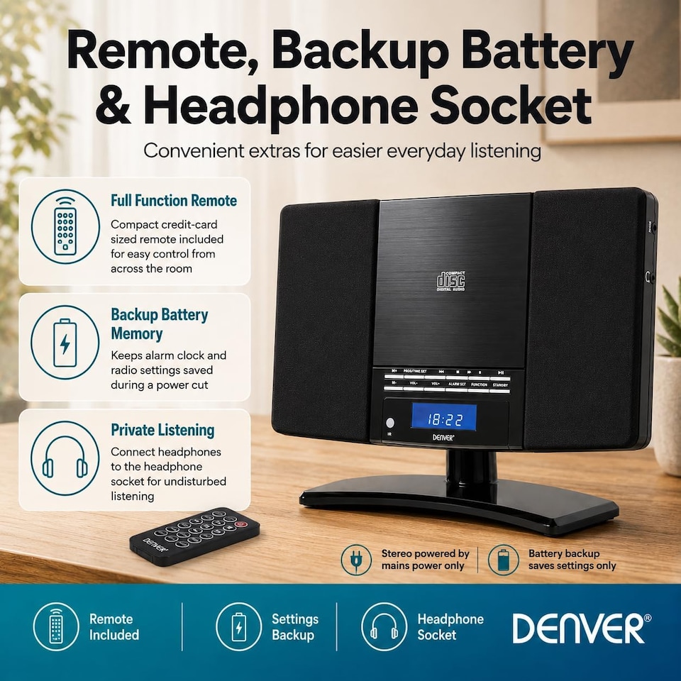 image 1 of Denver MC-5220 CD Player For Home HiFi System - CD Player With Speakers & Radio - Mains Power, Clock Radio, Remote Control, Desktop Stand/Wall Mounted CD Player