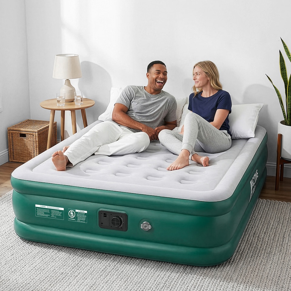 image 1 of Active Era King Comfort Air Bed, Built-in Pump, Waterproof - Green/White