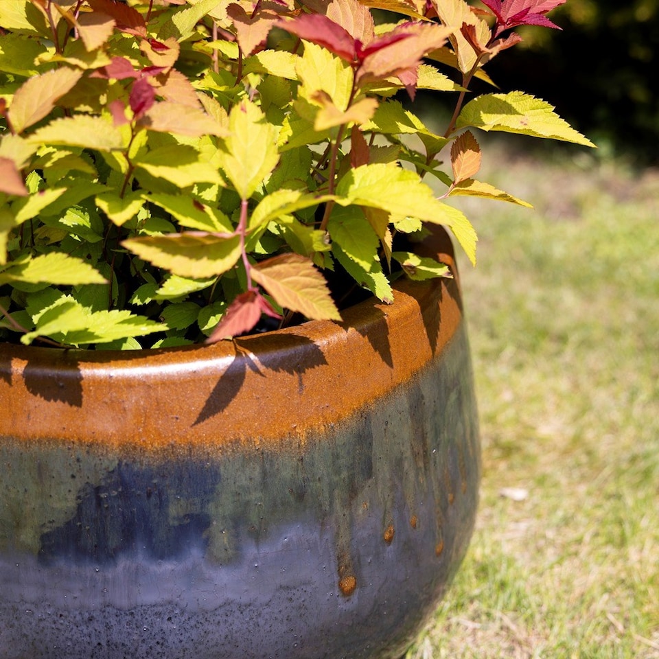 image 1 of Primrose Terracotta Tall Round Honey Pot Style Planter In Grey and Blue 42cm