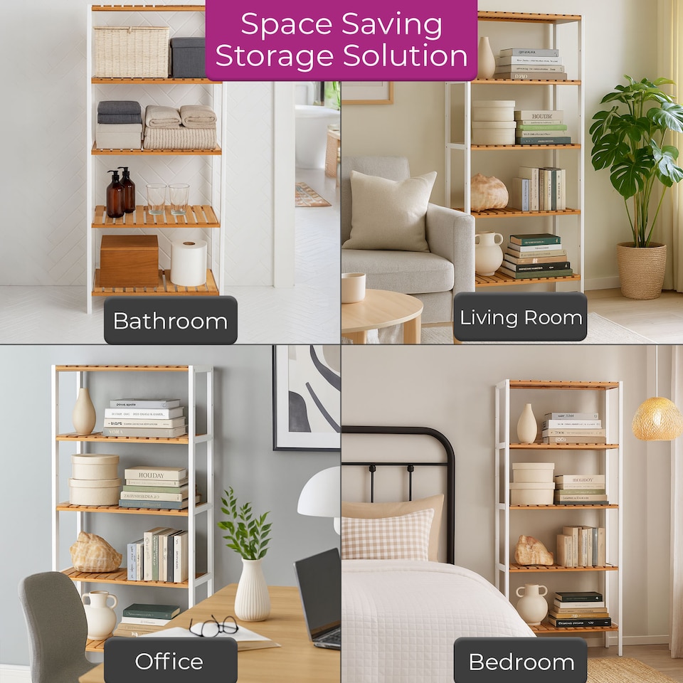 image 1 of Neo 5 Tier Bamboo Storage Shelf Shelves Rack Adjustable | Brown | Natural Wood / White