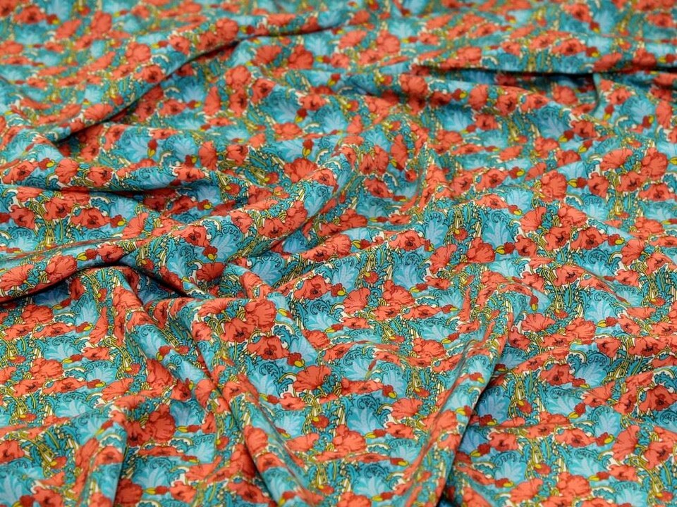 Liberty London Coral & Aqua Clementina Kensington Silk Crepe de Chine Dressmaking Fabric per metre - 137cm / 53" Wide