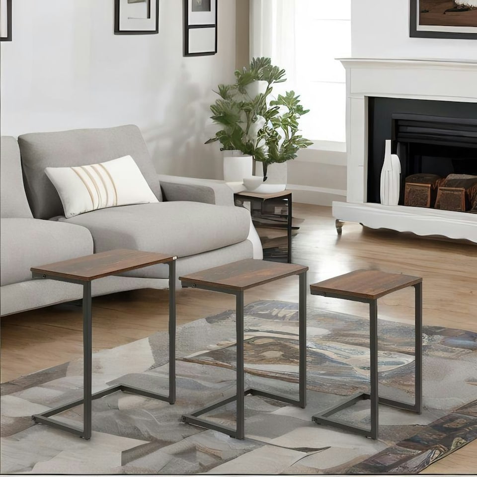 image 1 of Set Of 3 C-Shaped Nesting Tables Rustic Brown Brown