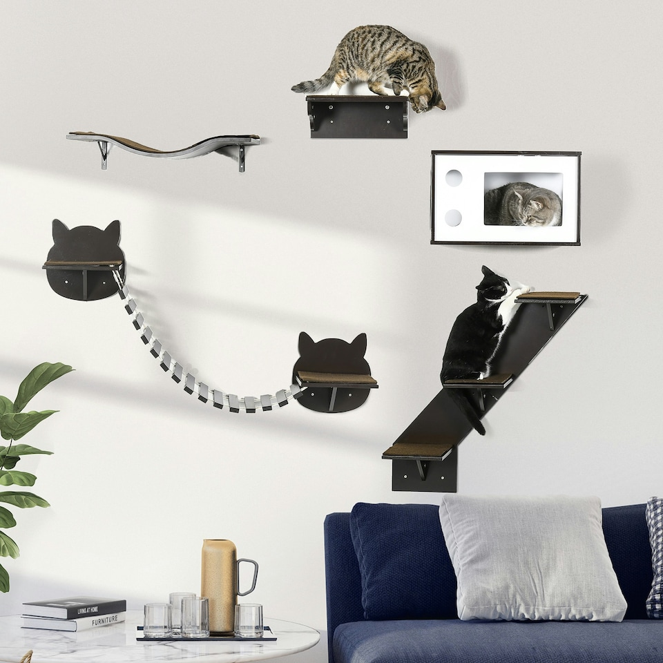 image 1 of PawHut Wall-Mounted Cat Tree, 5 Piece Cat Wall Shelves with House, Brown