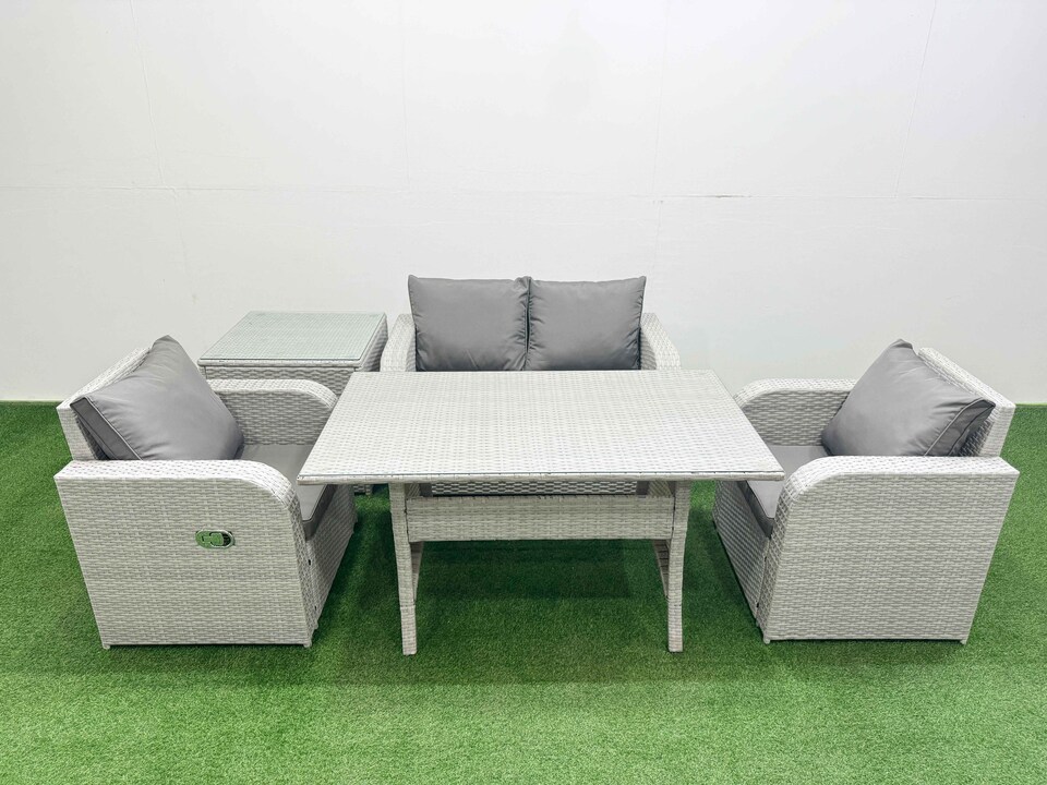 image 1 of Fimous Light Grey PE Wicker Rattan Garden Furniture Set Sofa Set Reclining Chair Rectangular Dining Table 4 Seater With Side Table